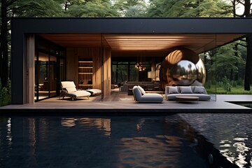 Modern home pool with outdoor furniture, home design, organic and naturalistic composition, timeless elegance, AI Generated