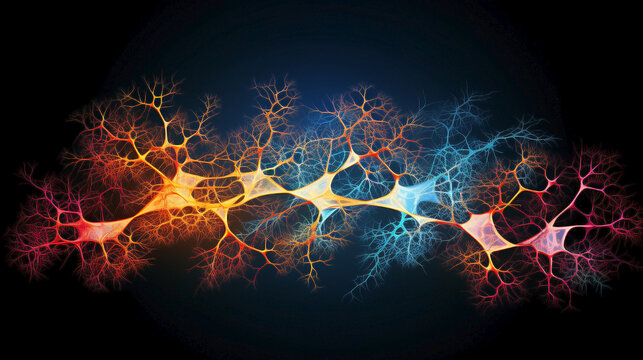Neurological fireworks: a symphony of colors in the human brain. Group of neurons making synaptic connections.