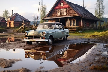 An old car, a limousine, got stuck, stalled in a muddy puddle in the village. AI generated.