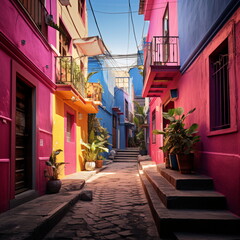 Fototapeta na wymiar An alleyways in colorful colors, folklore-inspired, bold color palate, pink and indigo, use of bright colors, AI Generated
