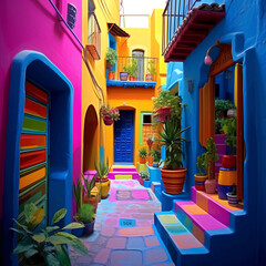 Fototapeta na wymiar An alleyways in colorful colors, folklore-inspired, bold color palate, pink and indigo, use of bright colors, AI Generated