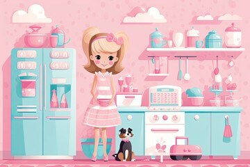 Illustration of Little girl in pink cooking in pink kitchen, Created using generative AI