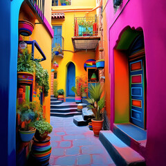 An alleyways in colorful colors, folklore-inspired, bold color palate, pink and indigo, use of bright colors, AI Generated