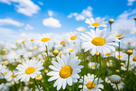 Generative AI a row of daisies and some daisies flowers close up © frimufilms