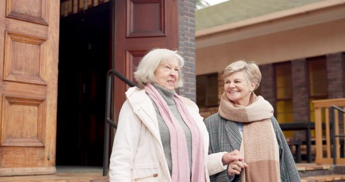 Senior women, friends and walking from church with discussion, chat and holding hands on stairs. Elderly lady, together and talk about sermon, faith or worship for solidarity in retirement at temple