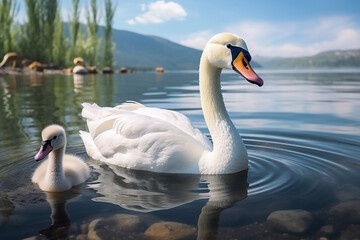 Obraz premium Generative AI a beautiful white swan with her young on the lake