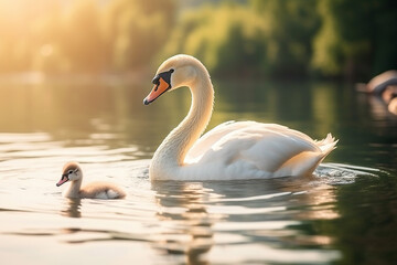 Fototapeta premium Generative AI a beautiful white swan with her young on the lake