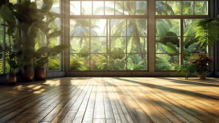 Wooden floor and huge French panoramic windows in a large room. AI generated. Tropical garden outside the window.