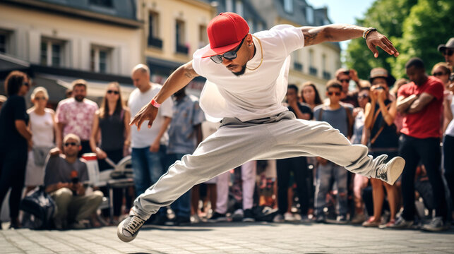 B-Boys, dance battle in Paris. Breakdance, Olympic sport 2024. Generative Ai content