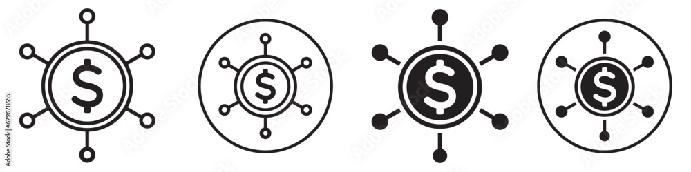 Poster asset symbol icon set collection. web app ui sign of dollar network shows crowd funding or source of