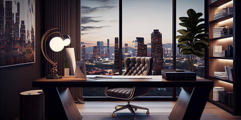 Boss office, CEO. Corporate manager work place with huge office windows. - obrazy, fototapety, plakaty