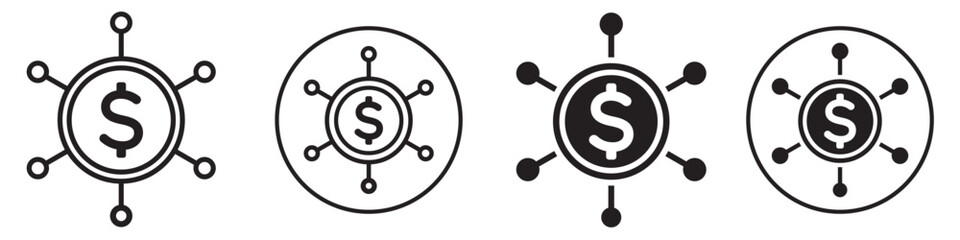 Asset symbol icon set collection. web app ui sign of dollar network shows crowd funding or source of world global money or currency. Black and white finance allocation or diversification of fund