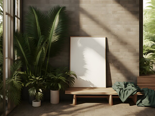 Blank frame mockup with green plants and sunlight