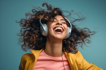 Woman in headphones listens music with color background.audio streaming service.gradient background