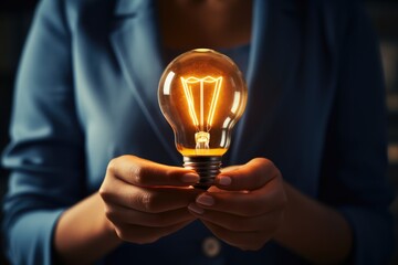Businesswoman holding a glowing lightbulb - Innovation and profitable idea concept  - AI Generated
