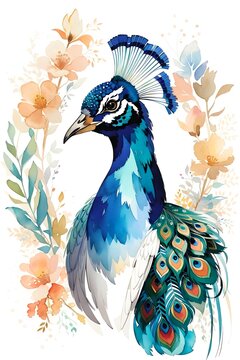 watercolor illustration of peacock close-up among flower, isolated on white background for decoration wall, greeting card or postcard
