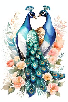 watercolor illustration of peacock pair among florals, isolated on white background for decoration wall, greeting card or postcard