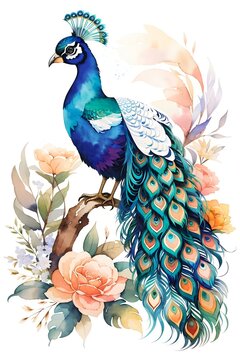 watercolor illustration of peacock whole body among florals, isolated on white background for decoration wall, greeting card or postcard