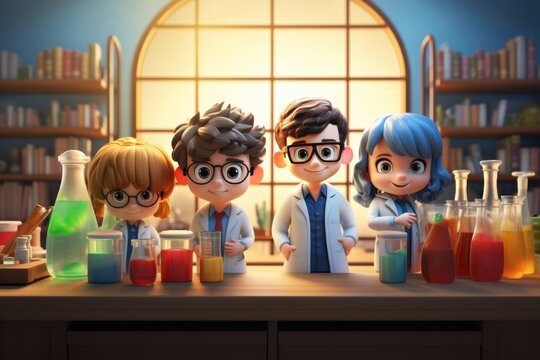 3d cartoon science children chemical experiments national science day