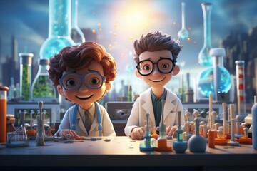 3d cartoon science children chemical experiments national science day