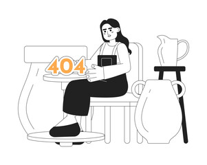 Pottery class black white error 404 flash message. Indian woman near pottery wheel. Monochrome empty state ui design. Page not found popup cartoon image. Vector flat outline illustration concept