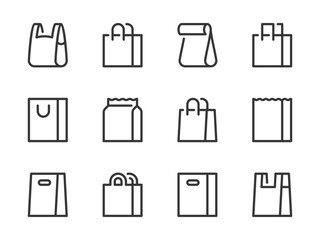 Shopping bag and Shopper variations vector line icons. Paper market pack and Grocery handbag outline icon set.