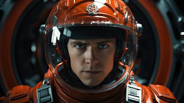 Futuristic astronaut on red tones, cinema movie style image