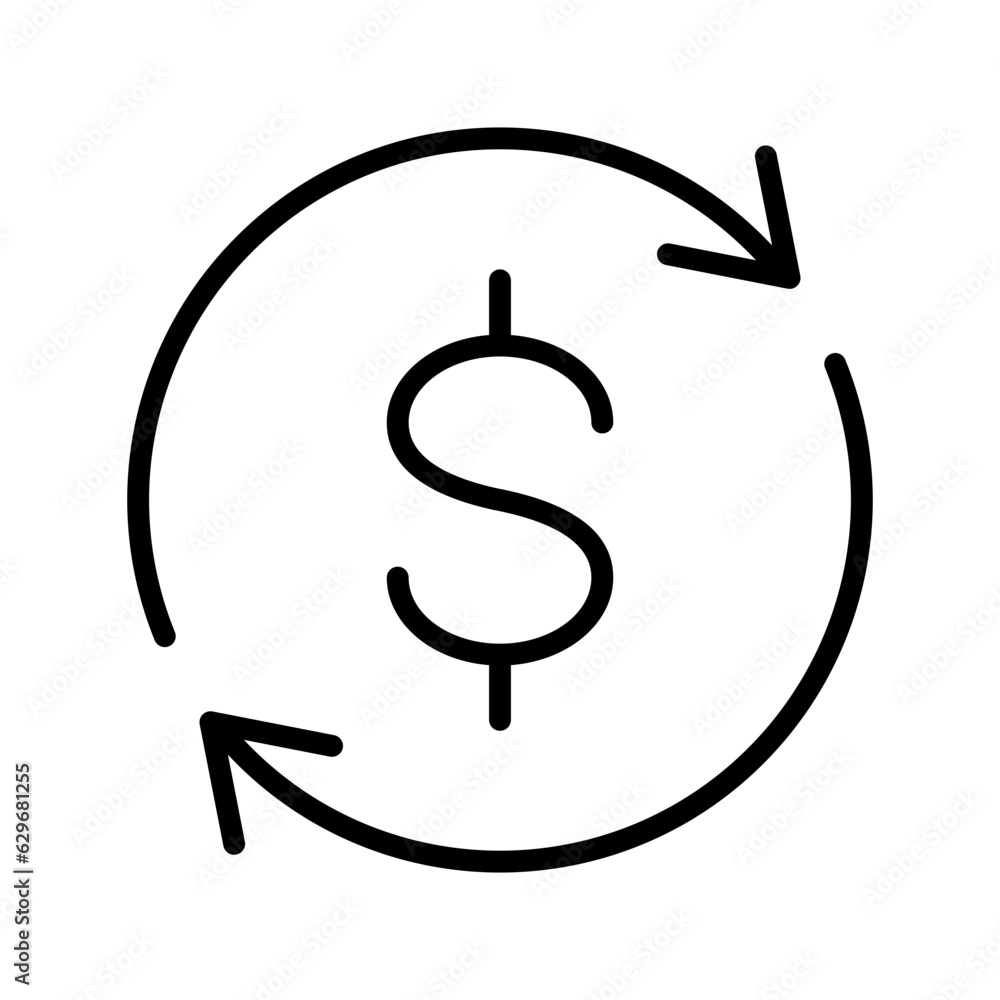 Poster black round money transfer line icon, simple arrow financial usd dollar mark flat design pictogram, 