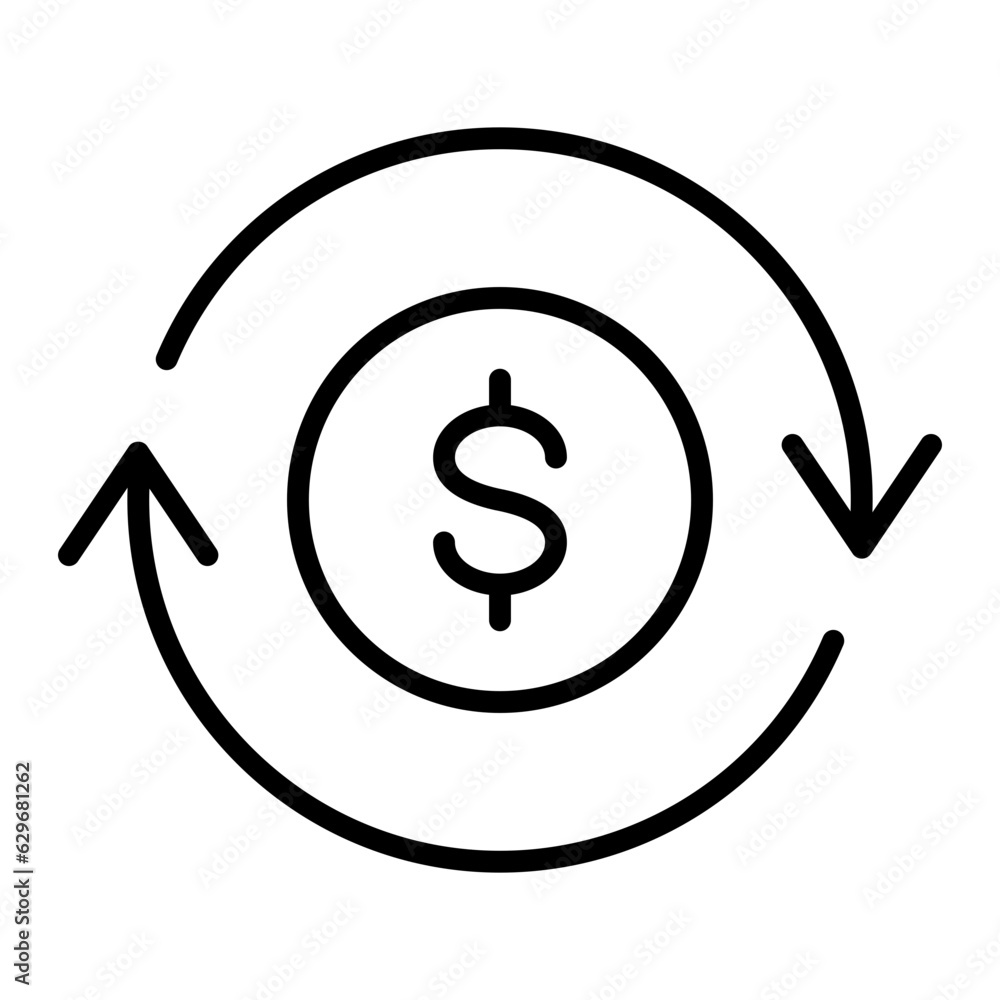 Poster black round money transfer line icon, simple arrow financial usd dollar mark flat design pictogram, 