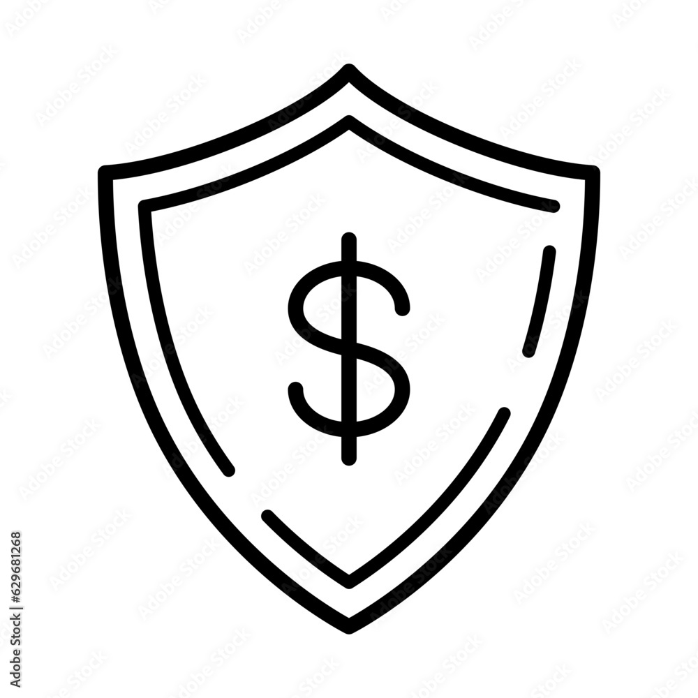 Poster black single money protection shield line icon, simple dollar shield shape flat design pictogram, in