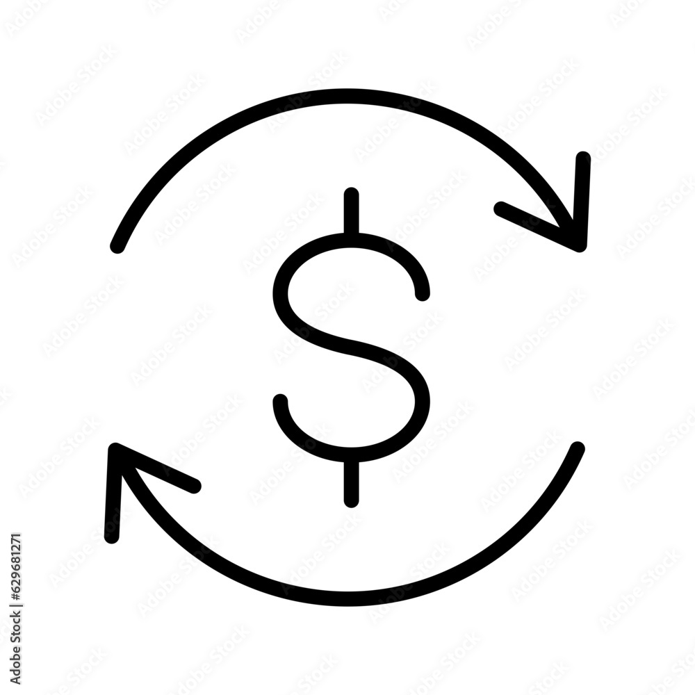 Poster black round money transfer line icon, simple arrow financial usd dollar mark flat design pictogram, 