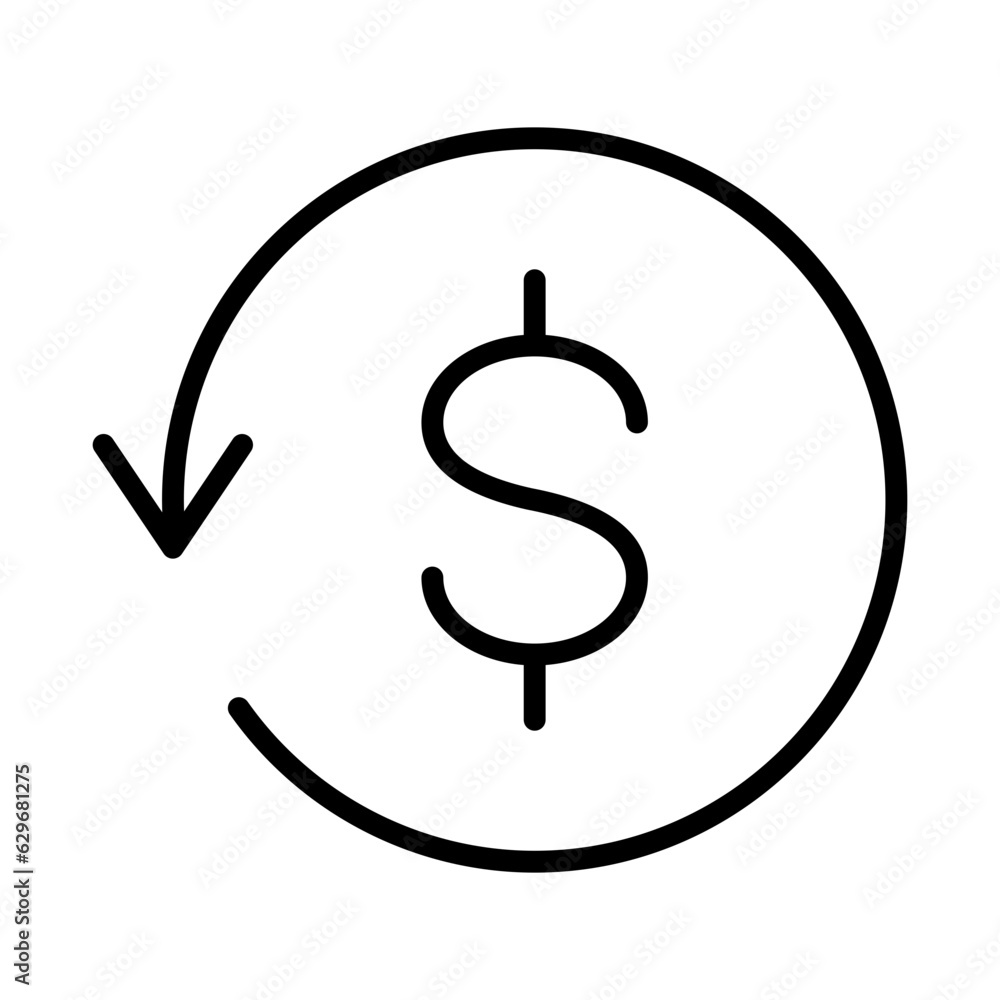 Poster black round money back refund investment thin line icon, financial repeat arrow flat design vector p