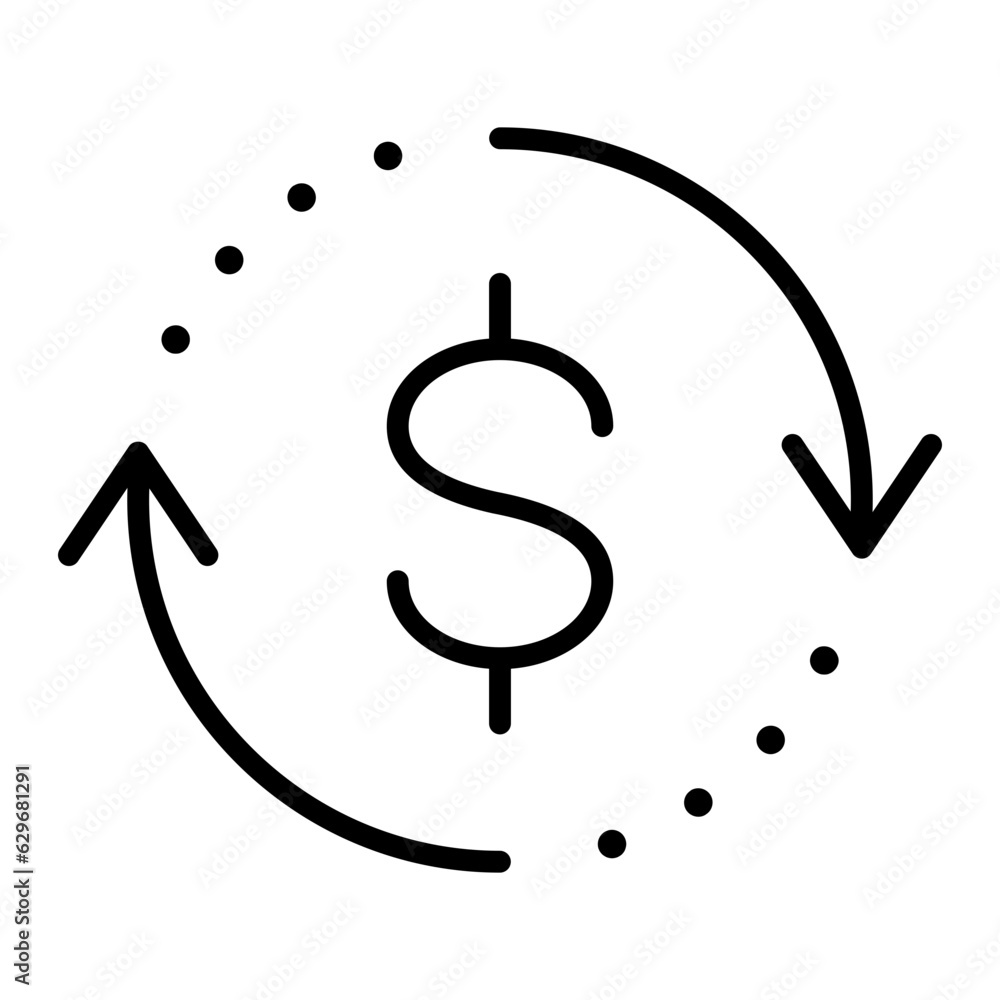 Poster black round money transfer lin icon, simple financial dollar mark sale flat design vector pictogram,