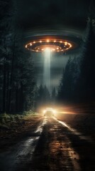 UFO landing in the forest meadow during a dark night, cinematic scene