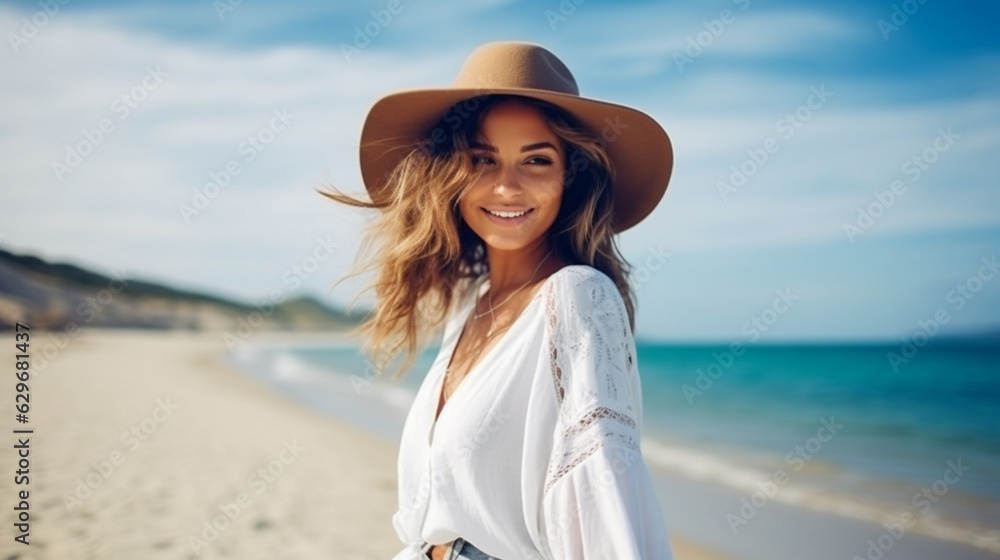 Sticker Beautiful woman enjoying a tropical beach in summer