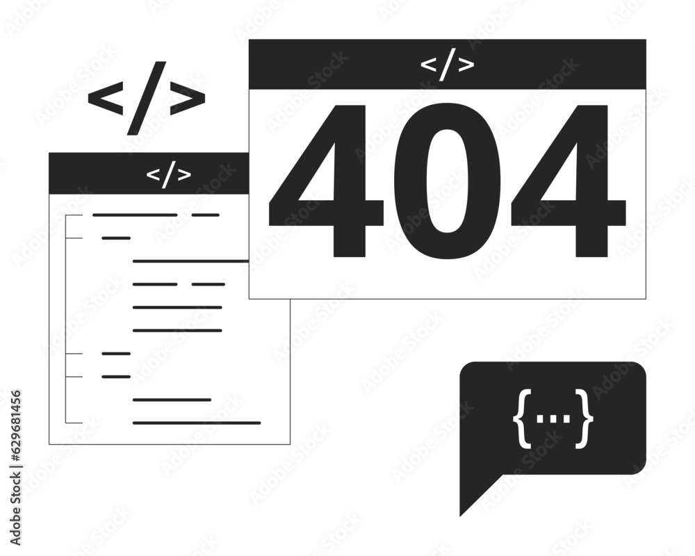 Poster web pages, code and black white error 404 flash message. monochrome empty state ui design. page not 