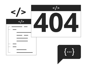 Web pages, code and black white error 404 flash message. Monochrome empty state ui design. Page not found popup cartoon image. Vector flat outline illustration concept