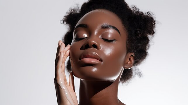 young african woman applying moisturiser against a clean background