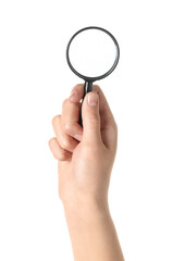 Female hand with mini magnifier isolated on white background