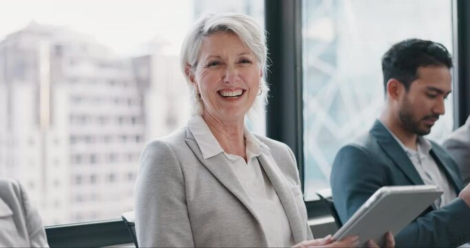 Tablet, business and senior woman for recruitment, interview and career opportunity. Corporate, office and portrait of female person on digital tech in waiting room for hiring, hr meeting and job