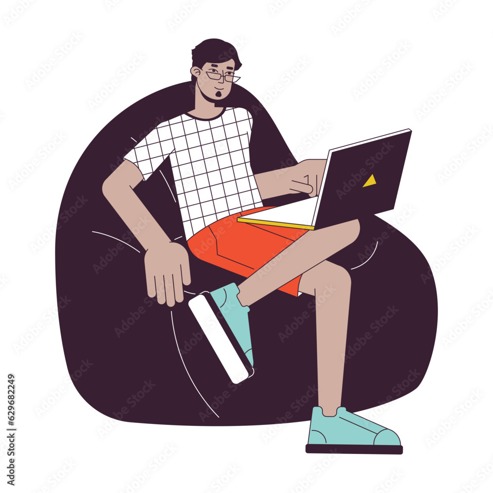 Poster relaxed man sitting on beanbag flat line concept vector spot illustration. freelancer with laptop 2d