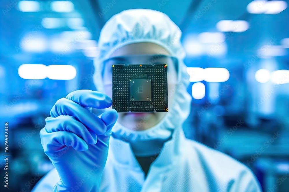 Poster engineer in lab holding a microprocessor in hands in latex gloves in a sterile suit close-up.
