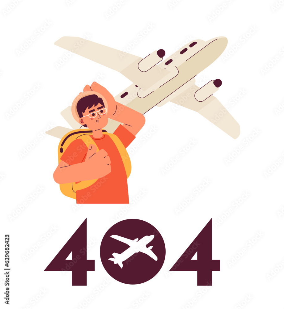 Poster asian man looking on plane error 404 flash message. empty state ui design. page not found popup cart