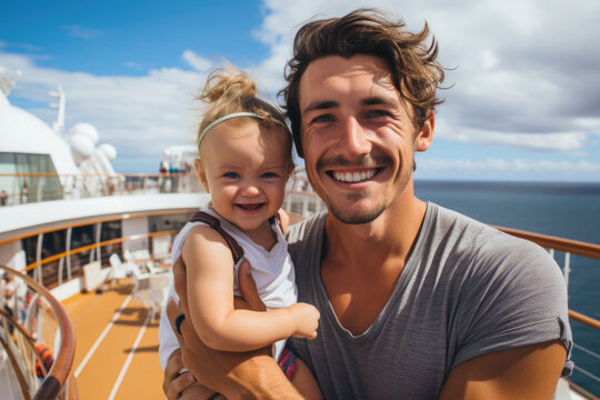 Mann mit Baby auf einem Kreuzfahrtschiff im Urlaub
