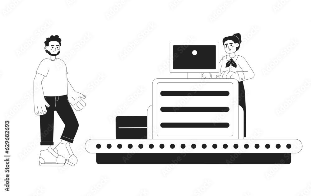 Poster tourist baggage scanner monochrome concept vector spot illustration. security control point in airpo