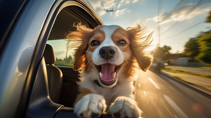 Happy funny dog out of the window of a car, wide angle shot, active motion image