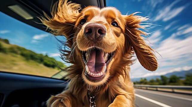 Happy funny dog out of the window of a car, wide angle shot, active motion image
