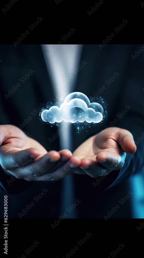 Poster man holding virtual cloud computing in hand concept.