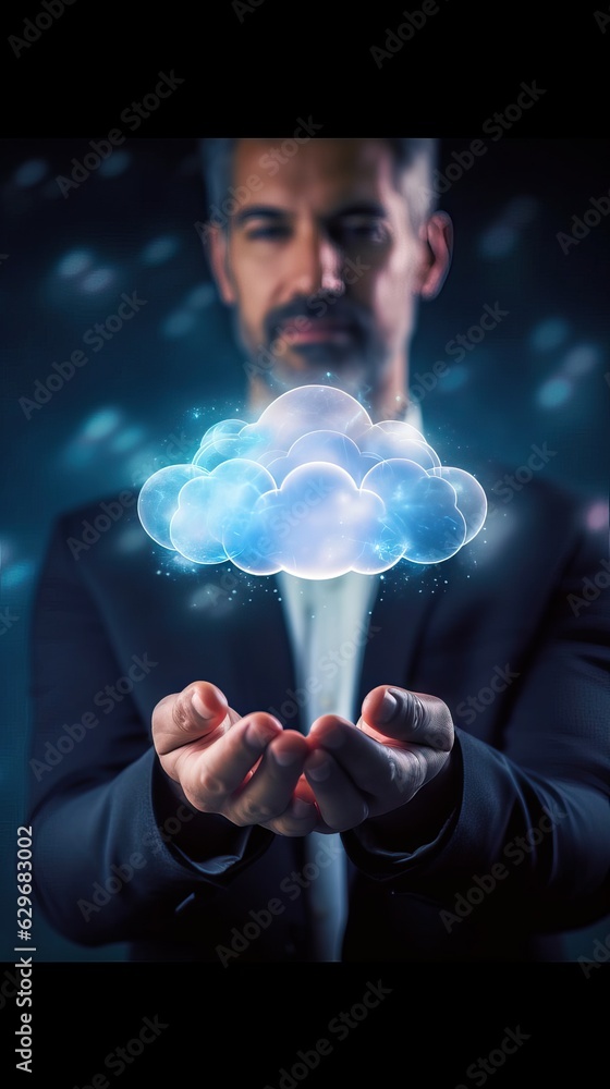 Aufkleber man holding virtual cloud computing in hand concept.