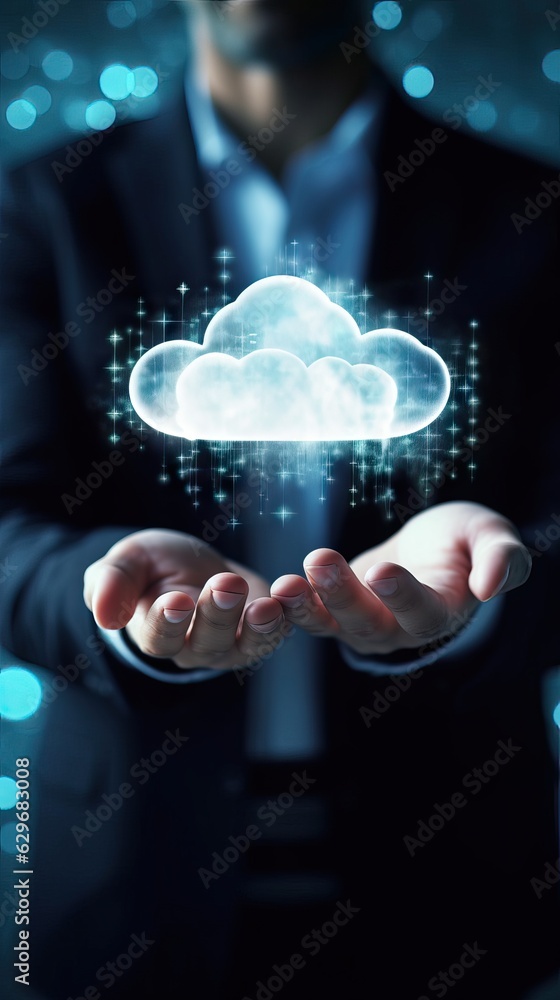 Aufkleber man holding virtual cloud computing in hand concept.
